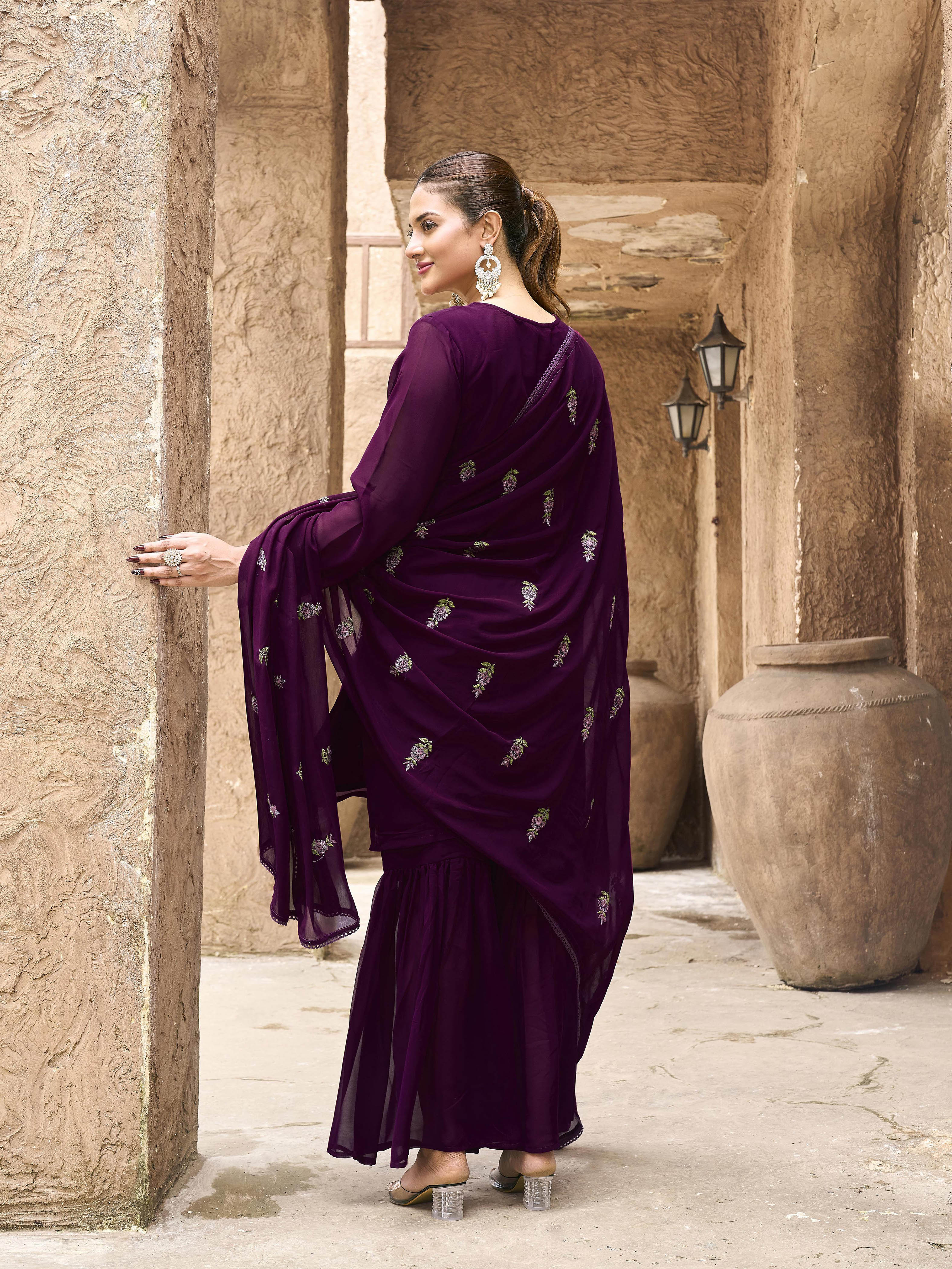 Burgundy color georgette with zari work kurta & sharara with dupatta set